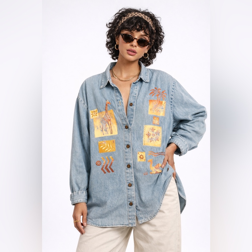 Vintage Teddi Oversized Denim Button Up Boho Western Graphic Shirt L XL